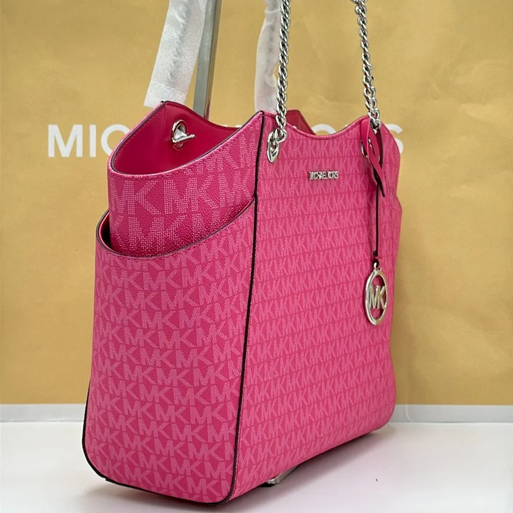 MICHAEL KORS  Jet Set Travel Large Signature Chain Shoulder Tote Bag Dragonfruit - Picture 4 of 14